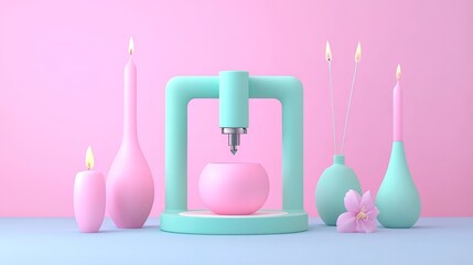 3D Rendered Minimalist Design with Candles  Vases  and a Machine