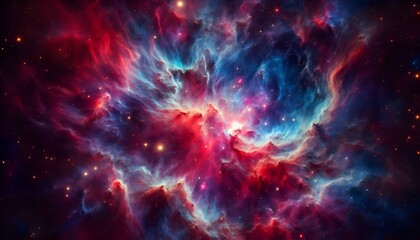 Naklejka premium A colorful, high-resolution image of a vibrant nebula in deep space, with swirling clouds of red, blue, and purple gas. Bright stars are scattered throughout the scene, 