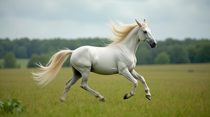 Obraz premium White Stallion Galloping Freely in Green Pasture Majestic Horse with Flowing Mane Symbol of Freedom