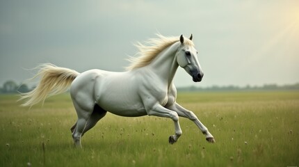 Obraz premium White Stallion Galloping Freely in Green Pasture Majestic Horse with Flowing Mane Symbol of Freedom