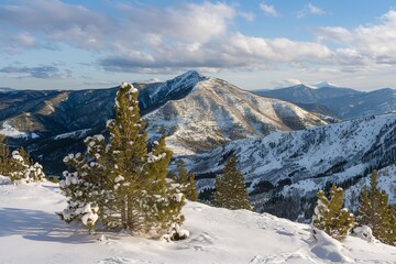 a winter landscape with snow-covered mountains