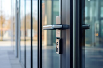 Modern office building entrance showing electronic keypad access control system