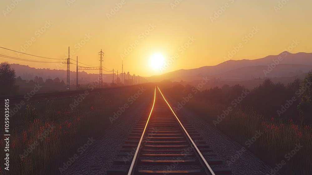 Poster sunset over railway tracks in an open landscape, the rails gleaming as they lead into the distance, 