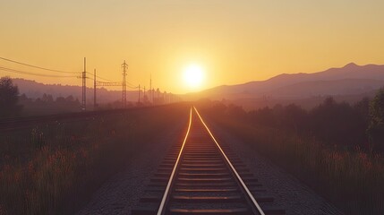 Sunset over railway tracks in an open landscape, the rails gleaming as they lead into the distance, a serene golden hour.