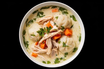 a creamy soup with chunks of shredded chicken meat, dumplings, and diced carrot