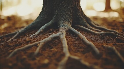 Close-up of tree roots in soil.
