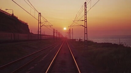 Scenic view of railway tracks vanishing into the horizon at sunset, warm hues and tranquil atmosphere evoke wanderlust.