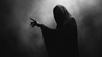 Shadowy figure of grim reaper reaching forward, symbolizing mortality and mystery with space for text in a dark setting.
