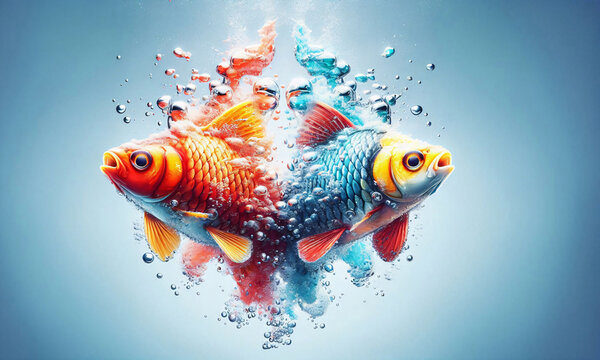 Splash, zwei Fische im Wasser mit Blubberblasen im Wasser , mit dynamischen, spritzenden Tropfen, hellblauer Hintergrund, copy space