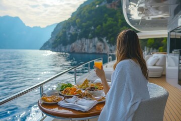 A woman draped in a cozy blanket sits at a table on a yacht, savoring a delicious breakfast while gazing at the serene mountain landscape and calm waters