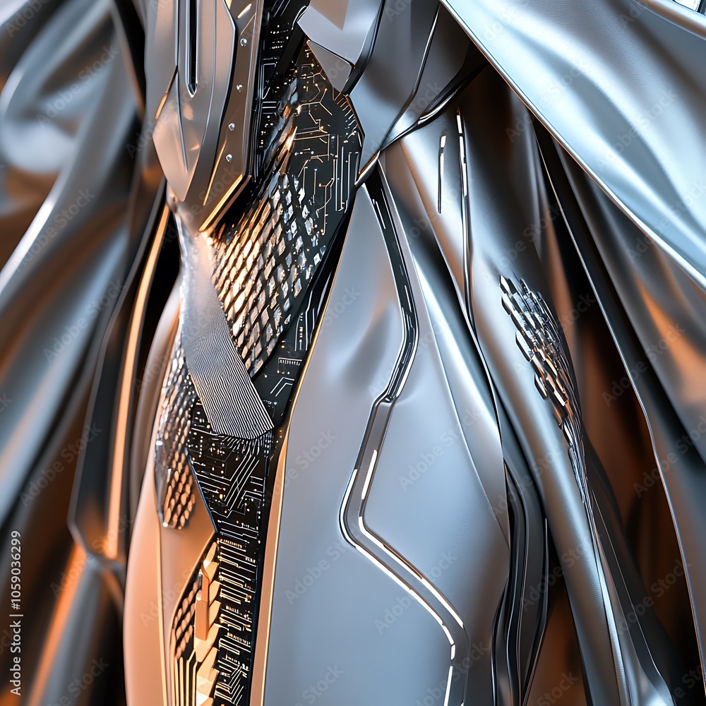 Poster closeup of a silver robot with intricate details and a flowing cape.