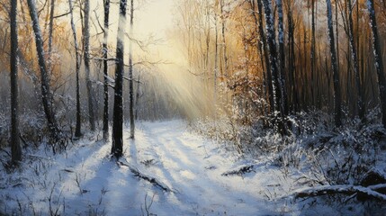 Soft sunrays cast through a winter forest, lighting up the frosty branches, an enchanting winter landscape.