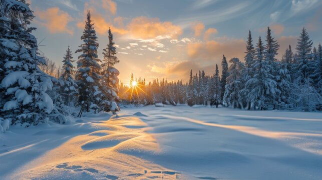 Snowy Pine Trees at Sunset in a Winter Landscape