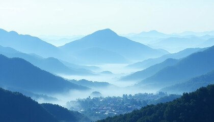 Naklejka premium Japanese mountain landscape background, layers of misty blue mountains with a small village nestled below, evoking a serene and timeless atmosphere