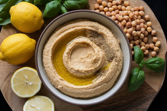 hummus with olive oil and ground cumin in a bowl