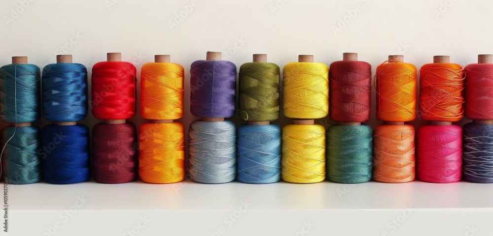 Poster colorful spools of thread arranged in a row on a white surface