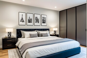 Fototapeta premium Modern apartment bedroom with simple interior design.