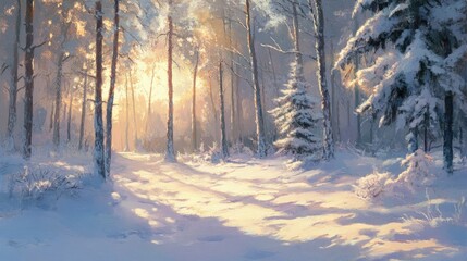 Fototapeta premium Sunlight breaking through frosty trees in a winter forest, illuminating the snowy ground, a peaceful winter sunrise.
