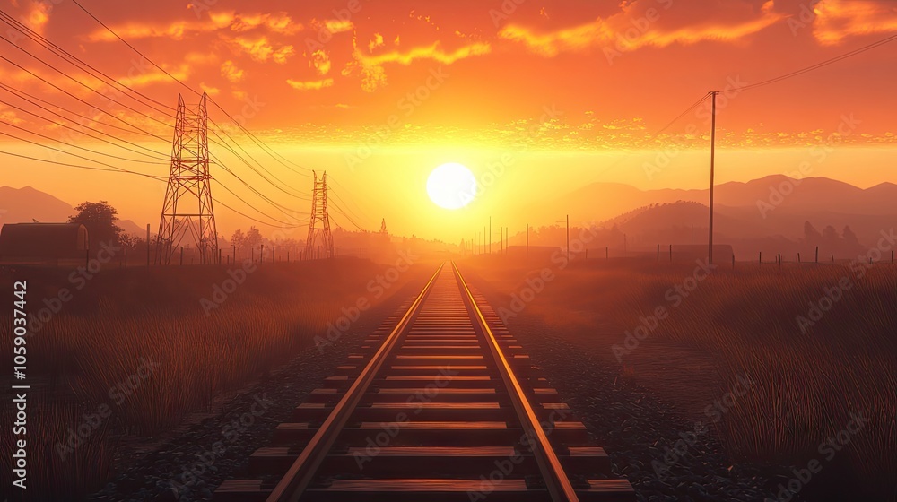Poster sunset over railway tracks in an open landscape, the rails gleaming as they lead into the distance, 