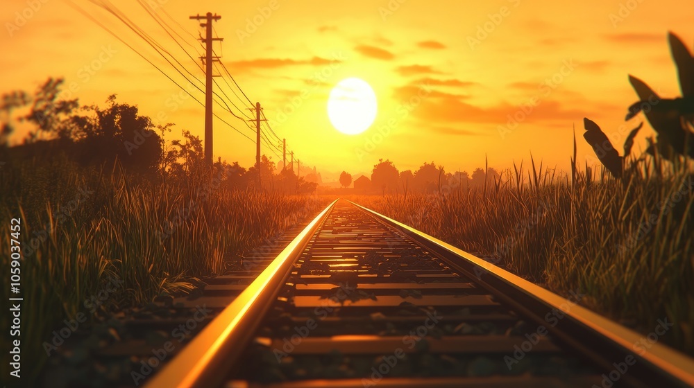 Poster sunset over railway tracks in an open landscape, the rails gleaming as they lead into the distance, 