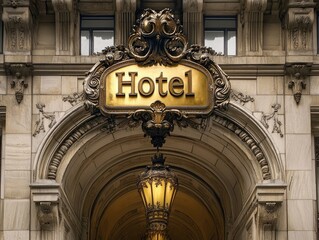 Obraz premium Text hotel: a place of comfort and luxury, temporary lodging with amenities room service, spa, and concierge, catering to travelers seeking relaxation, business accommodations, or vacation bliss.