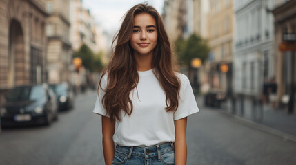 young woman stands confidently on city street, wearing casual white t shirt and denim jeans. urban backdrop adds vibrant atmosphere to her relaxed pose.