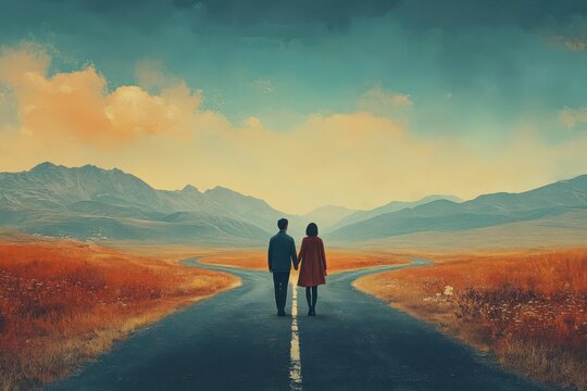 A road diverging into two distinct paths, with the couple standing at the fork, looking away from each other