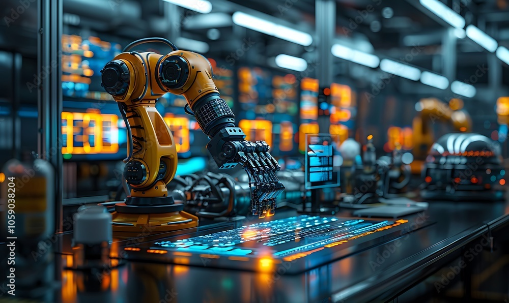 Aufkleber A robotic arm operates in a high-tech factory, surrounded by screens and machinery, highlighting advanced automation and modern technology.