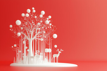 Tiny tree with miniature reindeer ornaments, whimsical holiday decor, 3D illustration