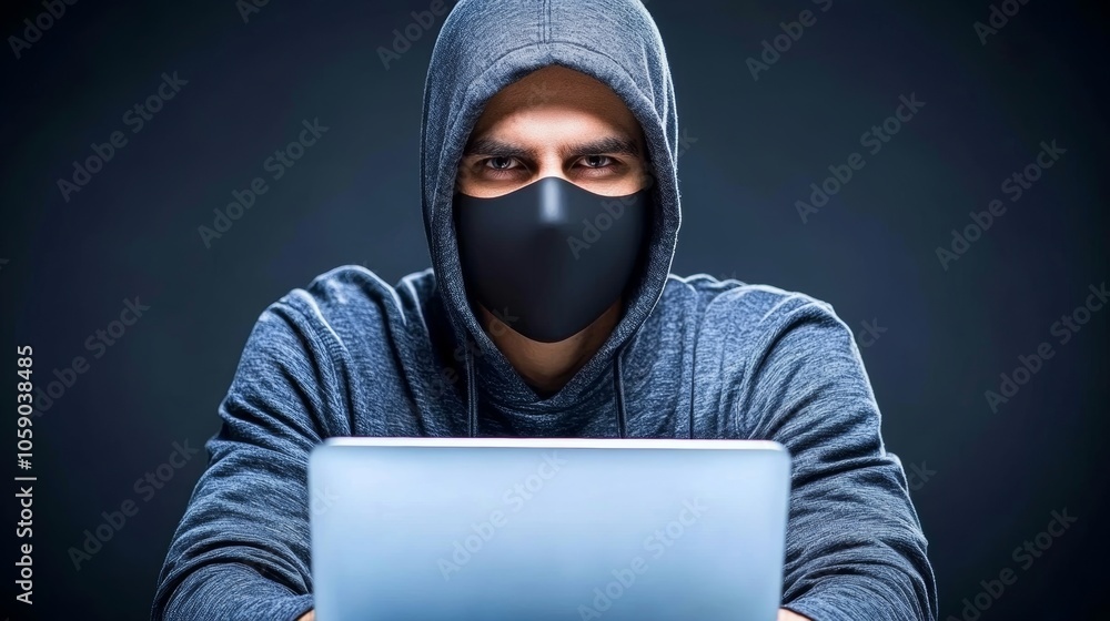 Poster anonymous hacker in hoodie using laptop computer