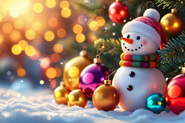Festive Christmas scene with a snowman, colorful ornaments, and bokeh lights in the background.