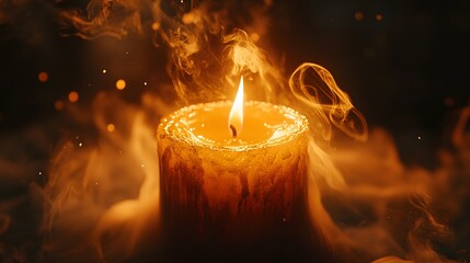 Burning candle macro photography capturing warm glowing flame, melting wax, wispy smoke trails, soft orange candlelight against bokeh background, dark moody atmosphere.
