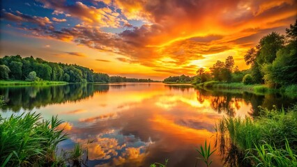Obraz premium Warm sunset over a tranquil lake with lush greenery and vibrant orange hues in the sky, vibrant colors, outdoor setting, natural scenery