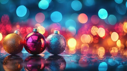 Obraz premium Colorful Christmas Baubles with Reflections on Surface