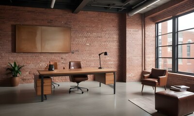 Fototapeta premium A modern office space with a large wooden desk, a leather chair, and a brick wall in the background.