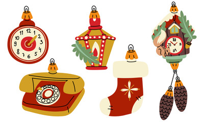 set of Soviet Christmas tree toys. Glass toys. Clock, phone, street lamp, cuckoo clock, sock for sweets illustration in vintage tones forest motifs, objects. Festive decor items for the Christmas tree