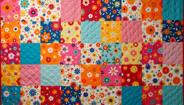 Colorful patchwork quilt featuring floral patterns and vibrant squares