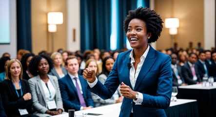 African motivational speaker on stage energetic smile business attire conference hall with crowd mid thirties female