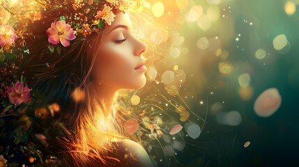 Fototapeta premium Mystical Ethereal Portrait of a Serene Woman with Floral Headpiece Evoking the Spirit of Nature