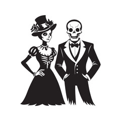 A skeleton couple dressed in formal attire, holding hands. Stylized Skeleton Bride and Groom Illustration for Halloween. Perfect for Halloween, Day of the Dead, or gothic-themed designs.