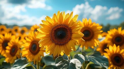 Obraz premium A vibrant sunflower stands tall amidst a field of sunflowers, showcasing its bright yellow petals and intricate brown center against a backdrop of a clear blue sky.