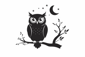 Owl Silhouette Vector on Tree Branch at Night