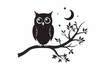 Owl Silhouette Vector on Tree Branch at Night