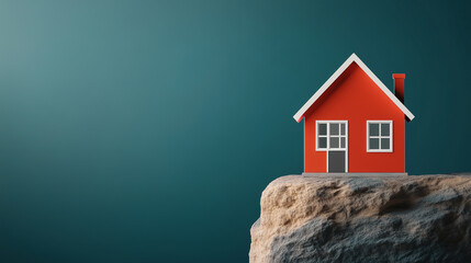 vibrant red house model sits atop rocky surface, symbolizing stability and comfort against serene teal background. This evokes feelings of warmth and security.
