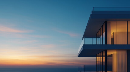 Modern architecture meets serene sunset views in this stunning image of contemporary building. sleek lines and expansive glass windows create harmonious blend with evening sky.