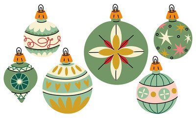 24,09,26,49A set of Soviet round-shaped Christmas tree toys. Glass toys. The illustration is in vintage colors, the objects are round, elongated, cute. Festive decor items for decorating the Christmas