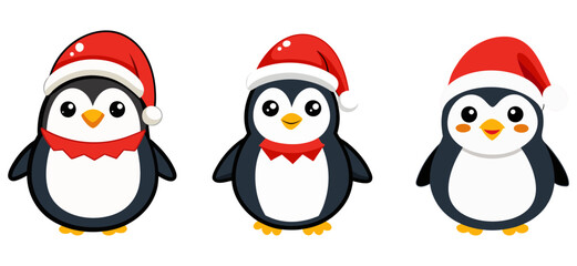 Set of Christmas penguins. Penguins. Vector graphics in cartoon flat style