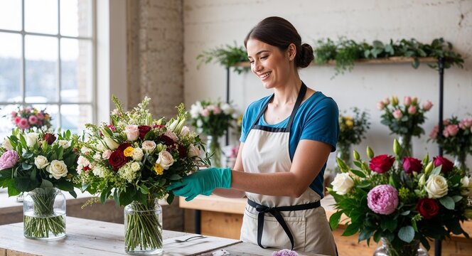 Caucasian florist arranging bouquet gentle smile apron and gloves floral shop background early thirties female