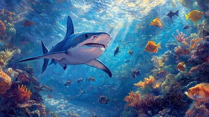 Fototapeta premium Majestic Shark Swimming in Vibrant Coral Reef