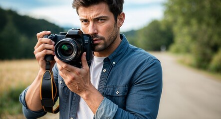 Obraz premium Caucasian photographer with camera serious look casual attire scenic outdoor background early thirties male